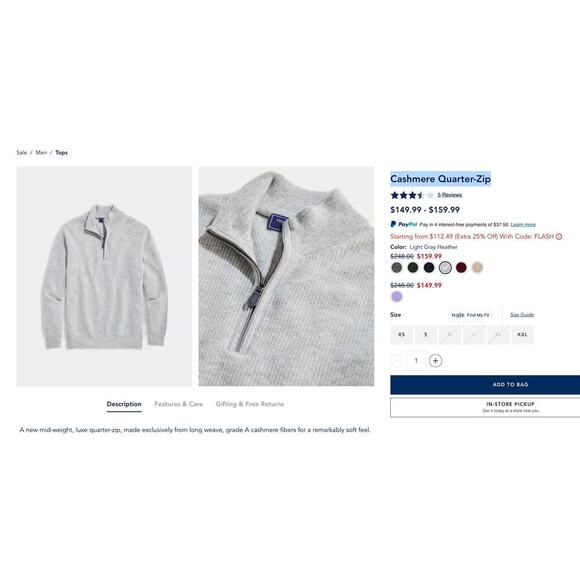 Vinyard Vines Cashmere Quarter-Zip - Small Flaw $248 - Picture 8 of 8